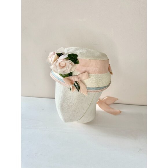 Vintage Ivory Straw Weave Pale Pink Grosgrain Ribbon Faux Flower Cloche Hat - Picture 2 of 16